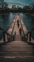 Scenic Bridge Over Water with Walking Path in Park during Autumn