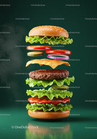Fresh lettuce and cheeseburger ingredients in mid air