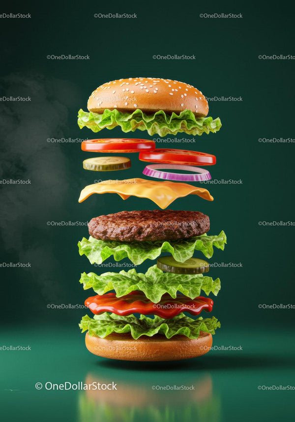 Fresh lettuce and cheeseburger ingredients in mid air