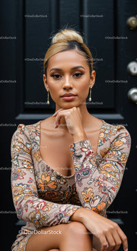 Thoughtful young woman posing against dark door