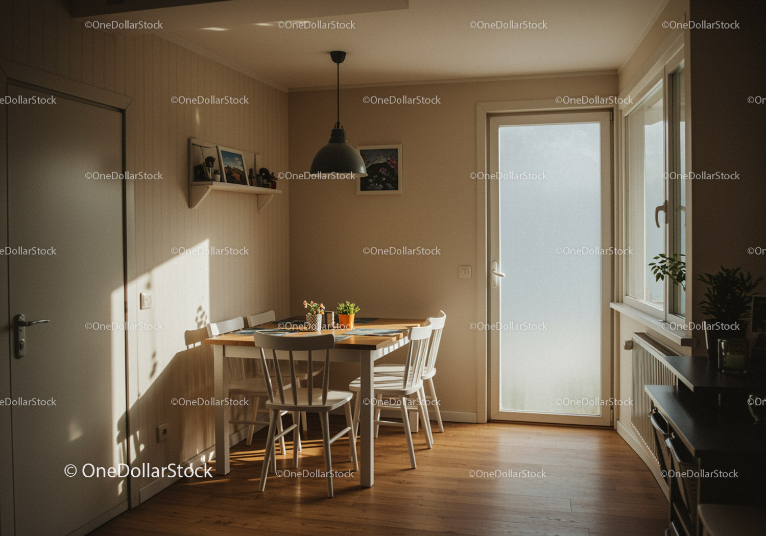 Cozy dining room bathed in warm sunlight