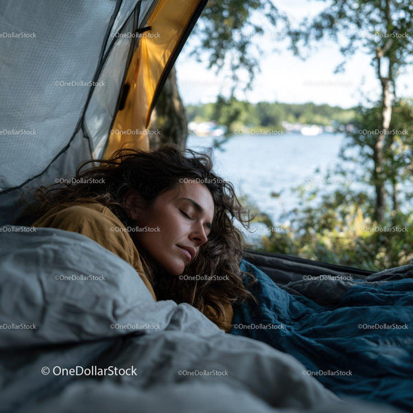 Relaxing Woman Resting by Lake in Scenic Camping Scene