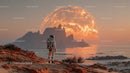 Astronaut Exploring a Surreal Alien Landscape with a Giant Orange Planet