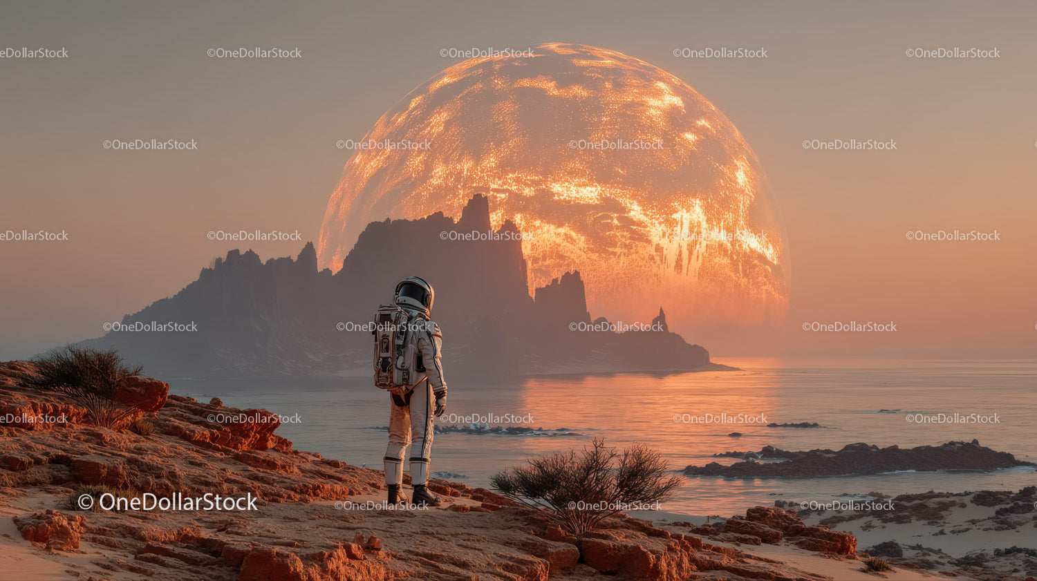 Astronaut Exploring a Surreal Alien Landscape with a Giant Orange Planet