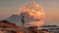 Astronaut Exploring a Surreal Alien Landscape with a Giant Orange Planet