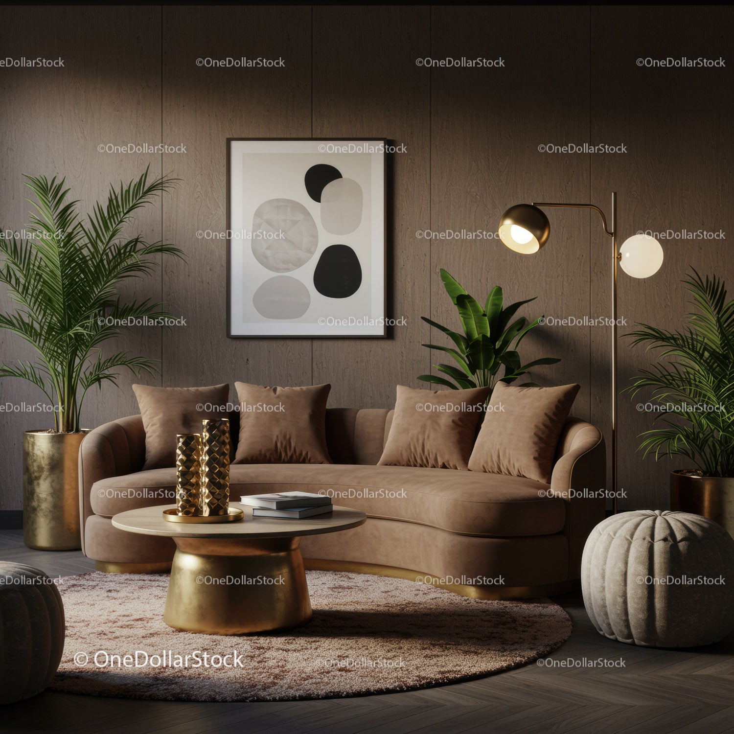 Cozy living room with beige sofa and gold accents