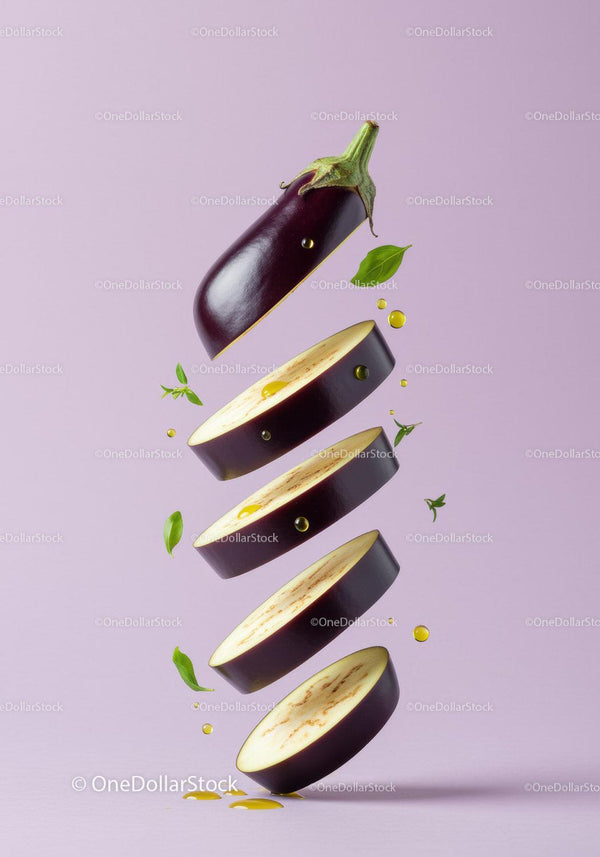 Sliced eggplant with herbs and olive oil drops on pastel
