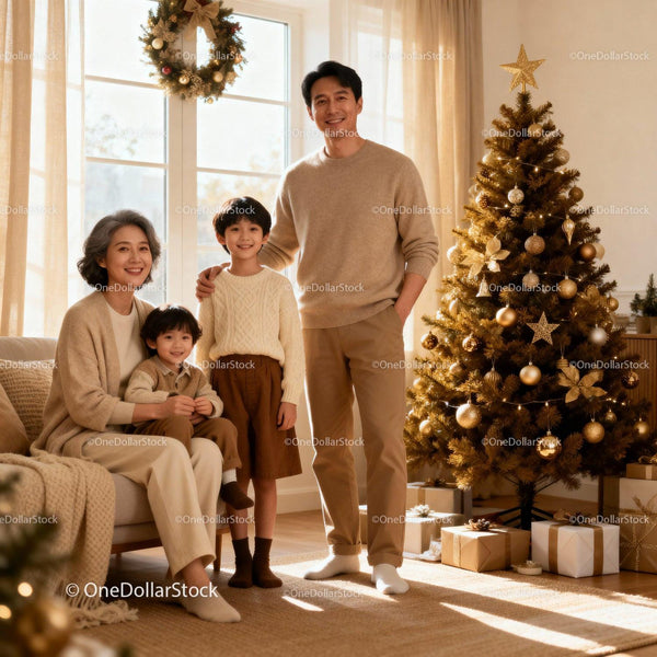 Happy Asian Family Celebrating Christmas at Home