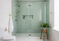 Modern bathroom with glass shower and potted fern