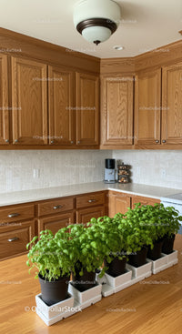 Warm Wooden Kitchen with Green Herbs and Modern Appliances