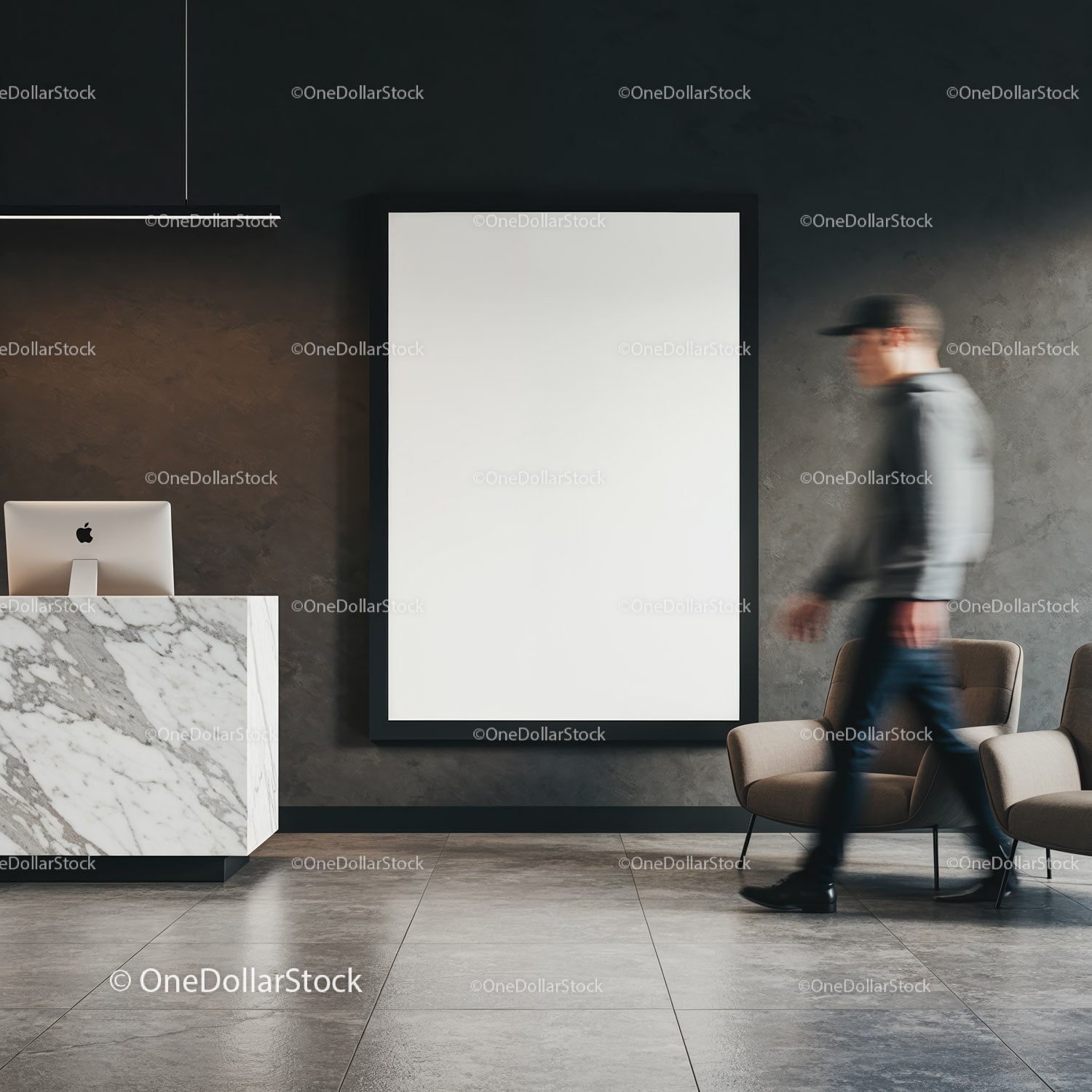 Modern Office Lobby with Marble Reception Desk and Seating