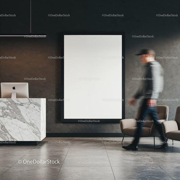 Modern Office Lobby with Marble Reception Desk and Seating JPG Mockup Image