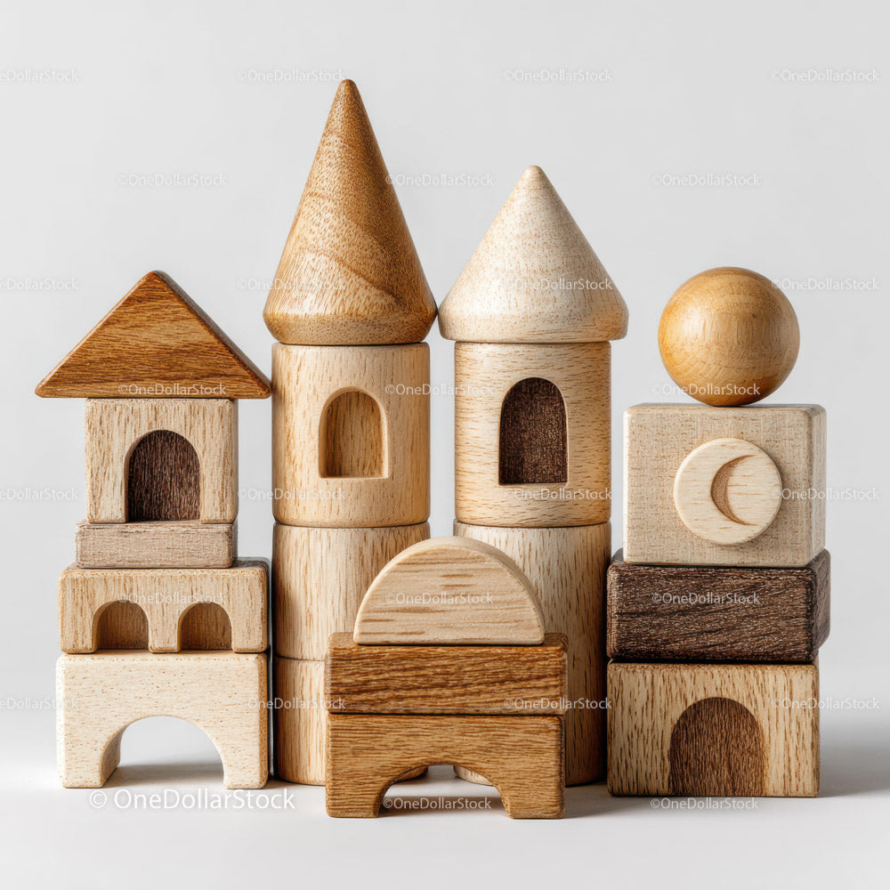 Wooden Building Blocks Set Featuring Houses and Geometric Shapes