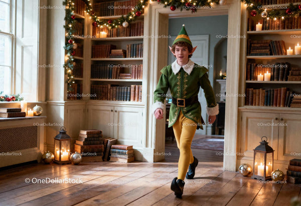 Young Elf Walking Through Cozy Festive Library Room
