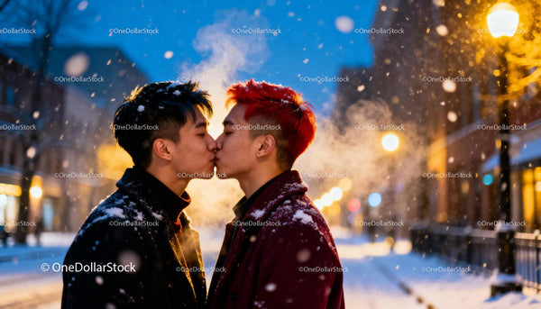 Young Gay Couple Sharing a Tender Winter Kiss Outdoors