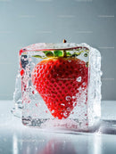 Fresh strawberry frozen inside a clear ice cube