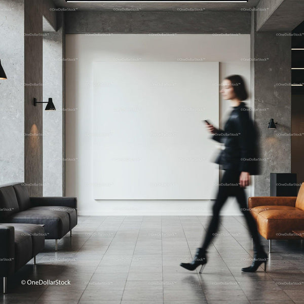 Woman walking through modern minimalist office lobby JPG Mockup Image