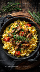 Hearty Beef and Cherry Tomato Pasta in Rustic Skillet