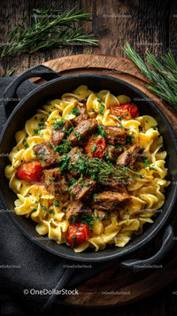 Hearty Beef and Cherry Tomato Pasta in Rustic Skillet