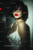 Elegant Woman with Red Lips in Stylish Evening Dress