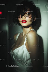 Elegant Woman with Red Lips in Stylish Evening Dress