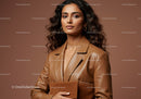 Elegant Woman in Leather Jacket Holding Clutch with Confident Expression