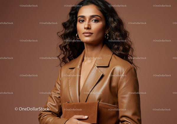 Elegant Woman in Leather Jacket Holding Clutch with Confident Expression