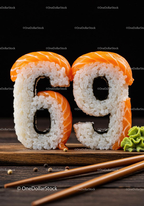 Creative sushi numbers shaped as sixty nine on wood