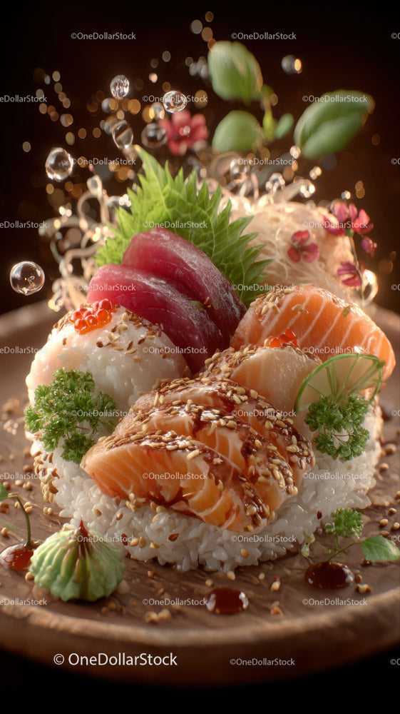 Fresh Sushi Plate with Salmon Tuna Rice Garnishes and Soy Sauce (17 Images)