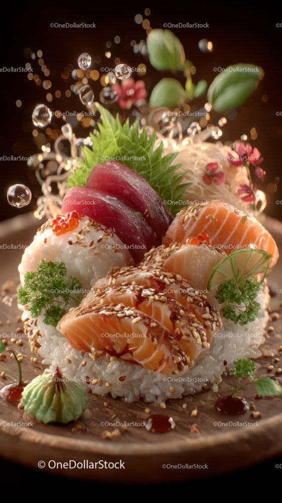 Fresh Sushi Plate with Salmon Tuna Rice Garnishes and Soy Sauce Stock Photo Bundle (17 JPG Files)