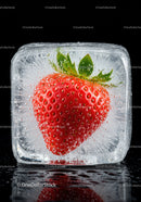 Fresh ripe strawberry frozen inside clear ice cube