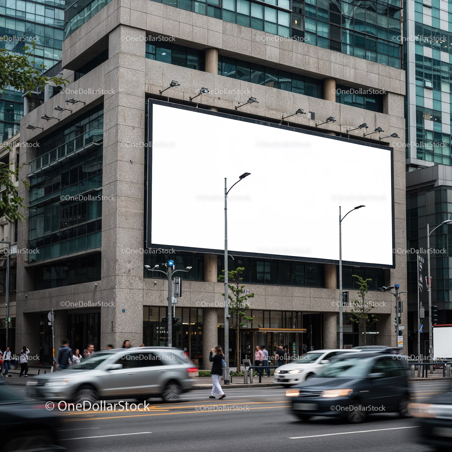 Urban street scene with large blank billboard on building
