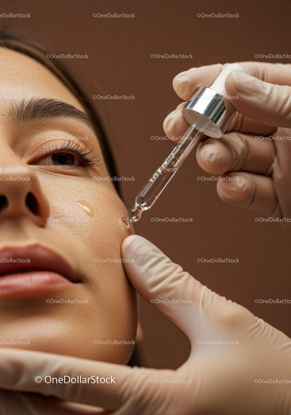 Close-Up of Woman Receiving Facial Serum Application with Dropper