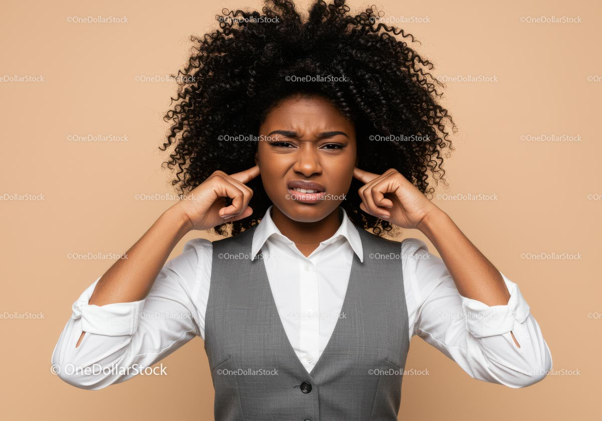 Frustrated Woman Covering Ears with Annoyed Expression
