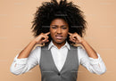 Frustrated Woman Covering Ears with Annoyed Expression