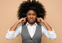 Frustrated Woman Covering Ears with Annoyed Expression