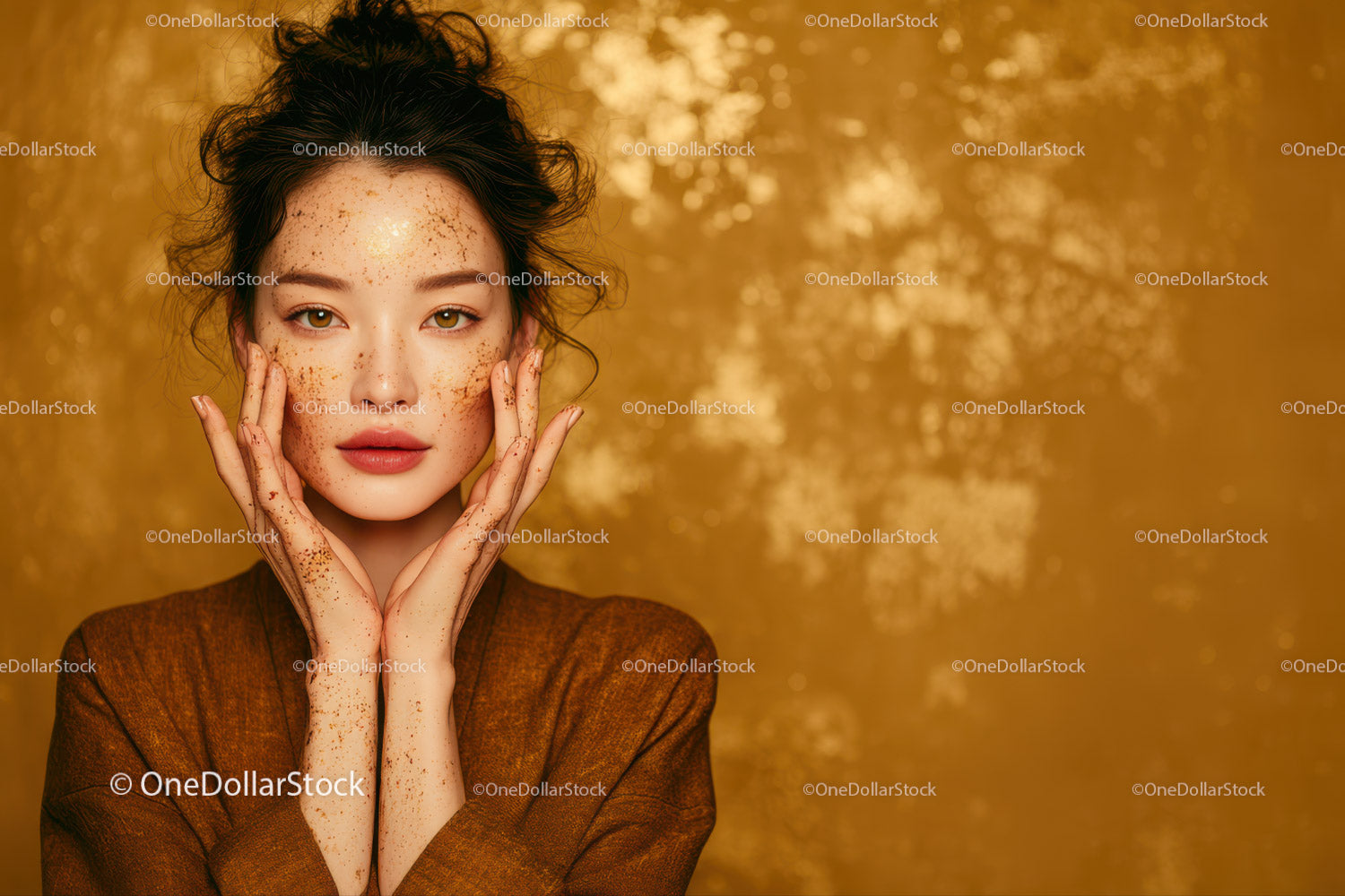 Elegant Woman with Freckles and Golden Background