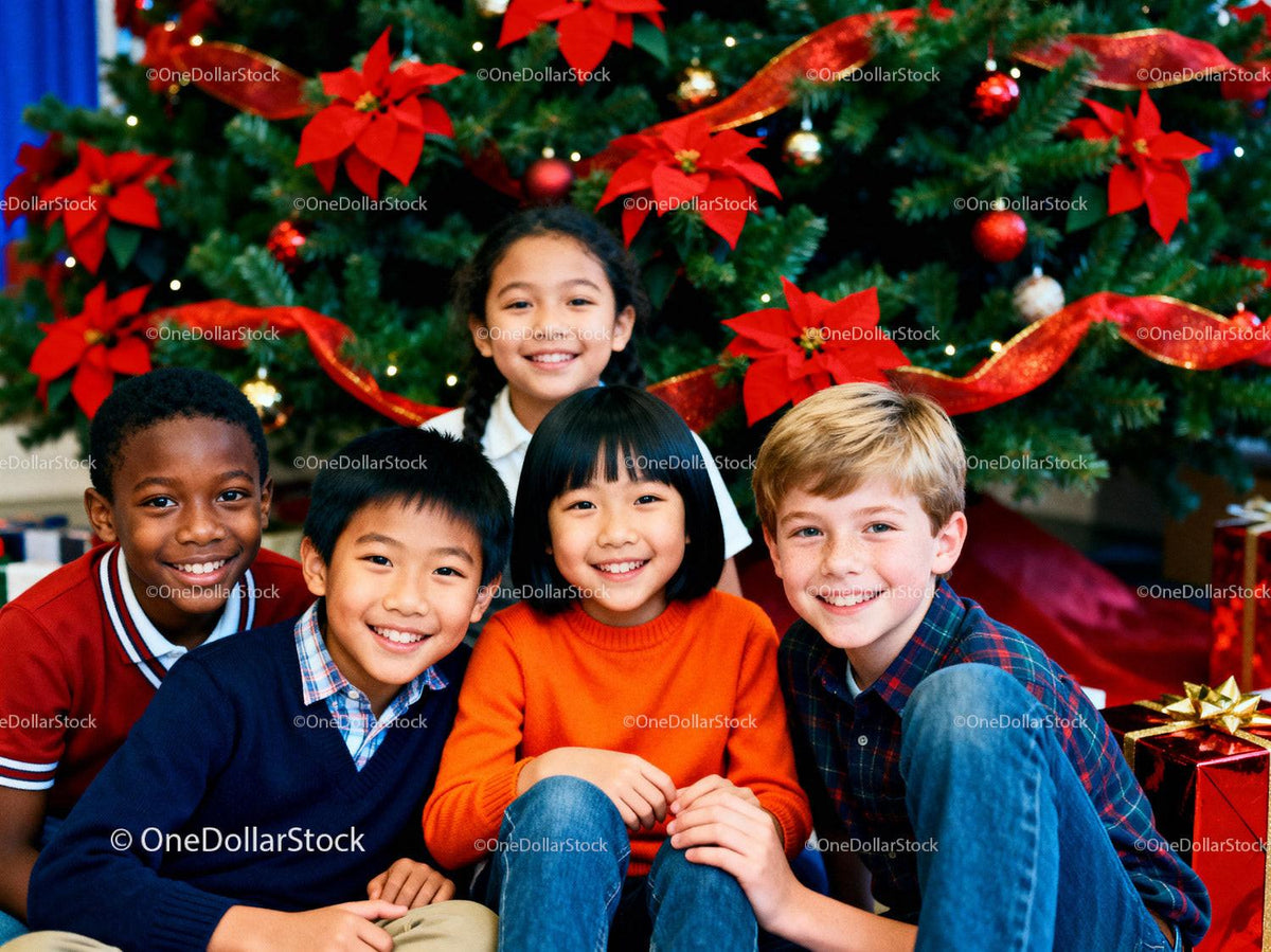 Smiling diverse children posing near Christmas tree