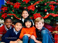 Smiling diverse children posing near Christmas tree