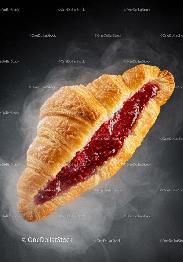 Freshly baked croissant with raspberry jam filling