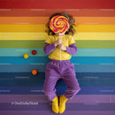 Child lying on colorful rainbow wooden floor with lollipop
