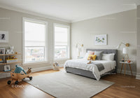Bright Minimalist Bedroom with Gray Bed and Natural Light