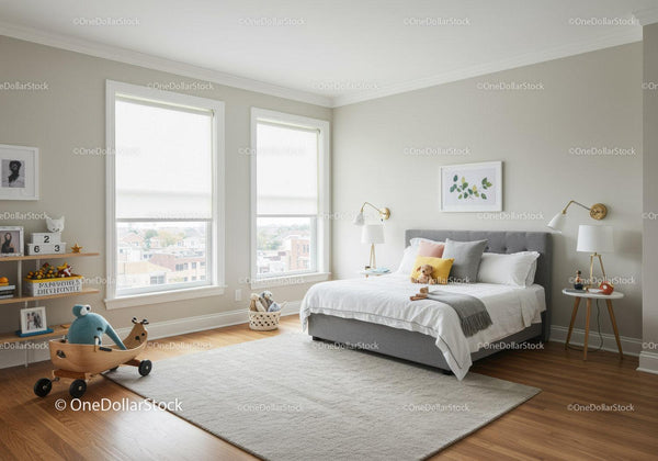 Bright Minimalist Bedroom with Gray Bed and Natural Light
