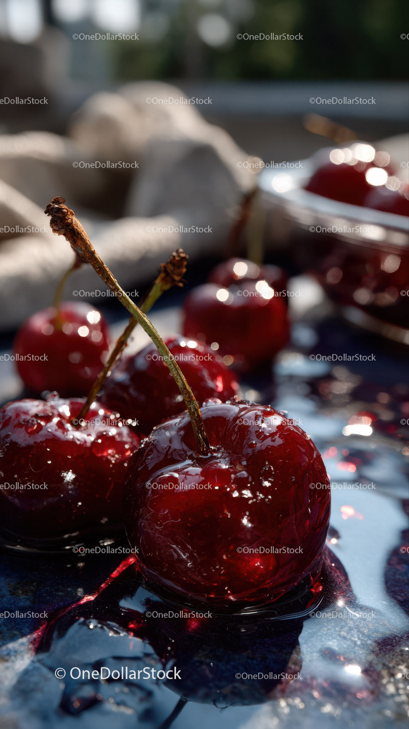Close-Up of Juicy Red Cherries on Reflective Surface for Food Photography