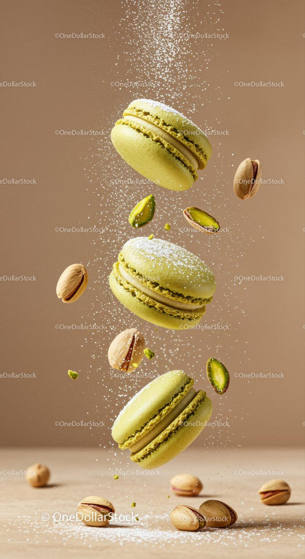 Green pistachio macarons with powdered sugar falling