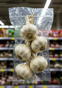 Braided garlic bulbs packed in transparent plastic bag