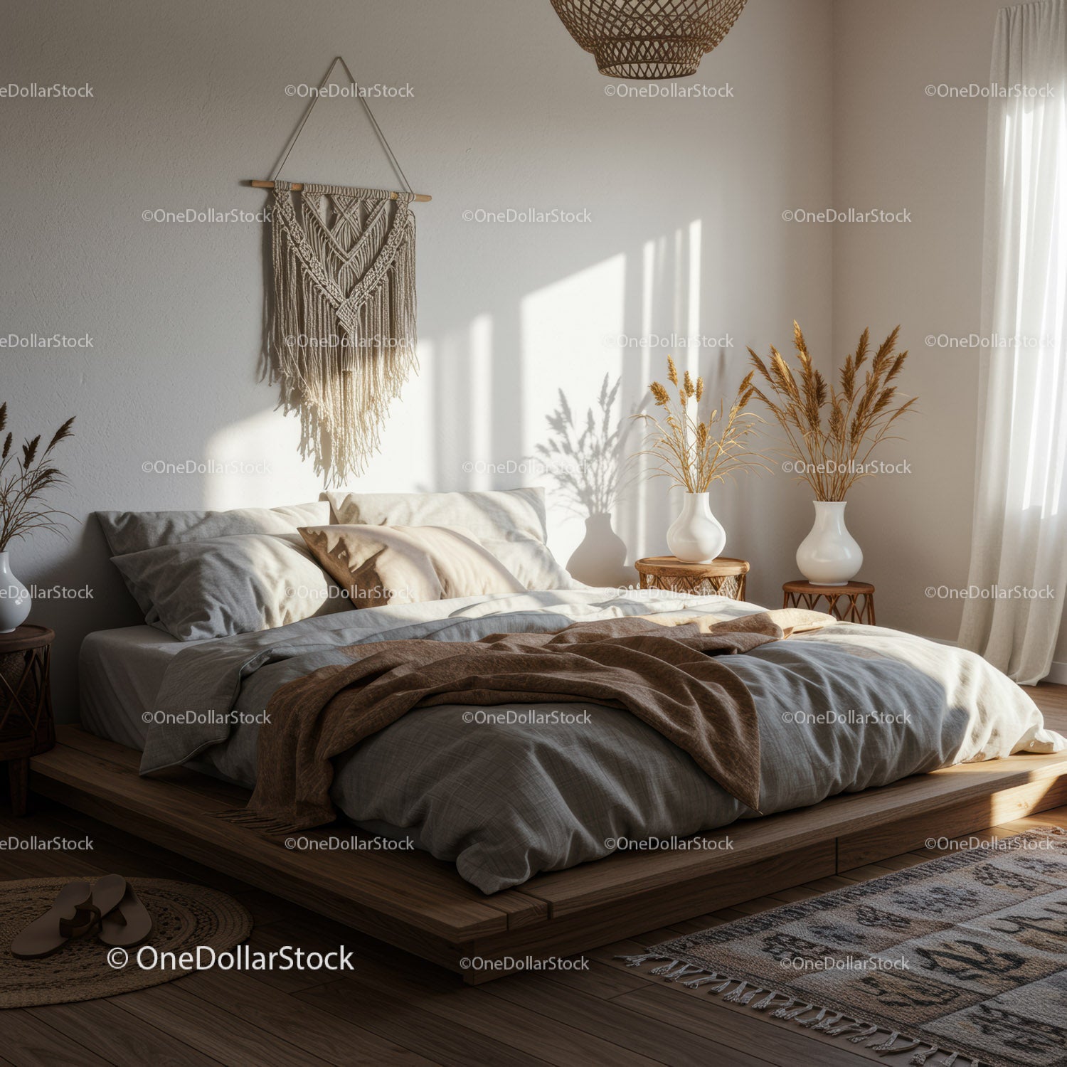 Przytulna sypialnia z naturalnym światłem i wystrojem w stylu boho