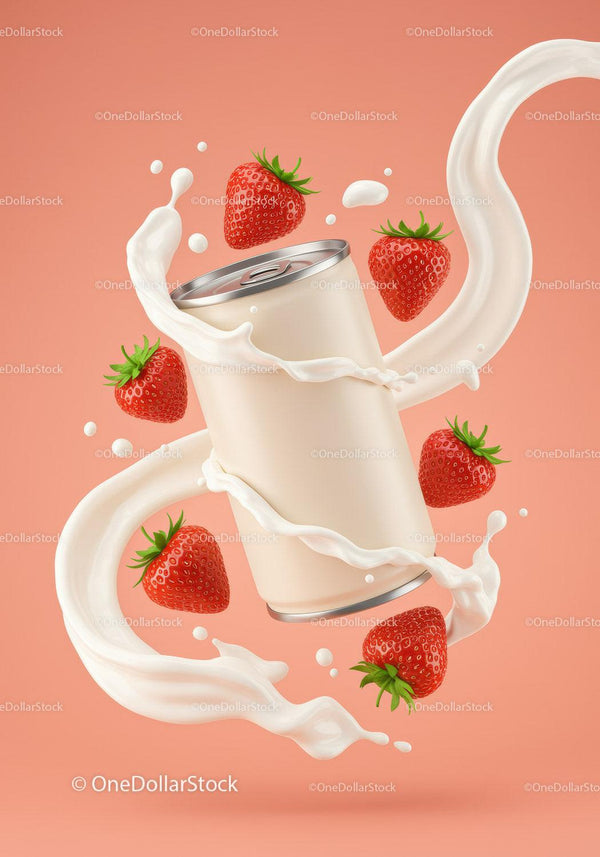 Refreshing strawberry drink can with swirling milk splash JPG Mockup Image