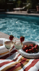 Strawberries and Champagne Glasses by Poolside on Sunny Day