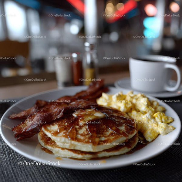 Full Breakfast Plate with Pancakes Bacon Eggs and Syrup